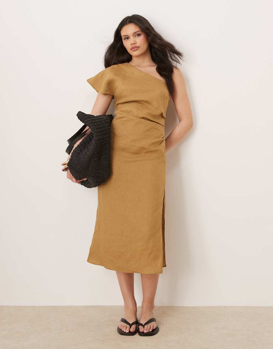 Mango - Midikleid aus reinem Leinen in Sand mit One-Shoulder-Träger und geraffter Taille-Neutral Mango - Midikleid aus reinem Leinen in Sand mit One-Shoulder-Träger und geraffter Taille-Neutral von Mango