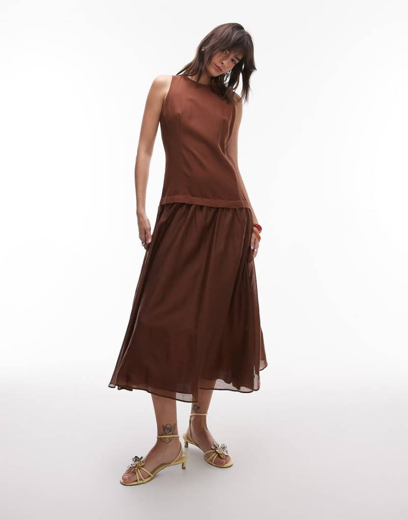 Mango - Leinen-Maxikleid in Schokobraun mit transparentem Saum und tiefer Taille von Mango
