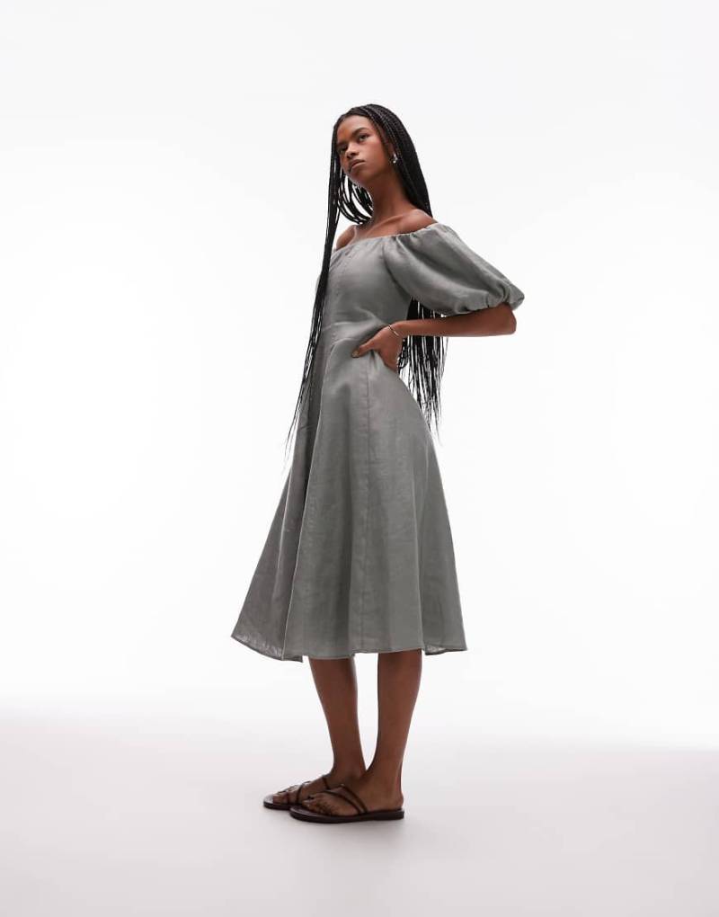 Mango - Leinen-Midikleid in Salbeigrün mit Puffärmeln von Mango