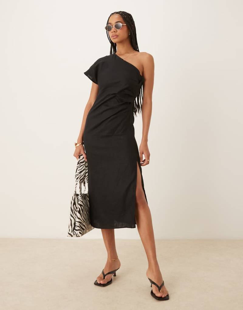Mango - Leinenkleid in Schwarz mit gerafftem Bund und One-Shoulder-Träger von Mango