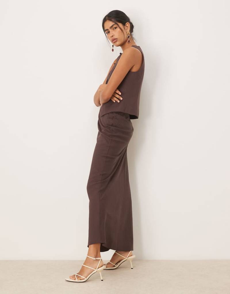 Mango - Leinenmix-Maxirock in Schokobraun mit seitlichem Knoten, Kombiteil von Mango