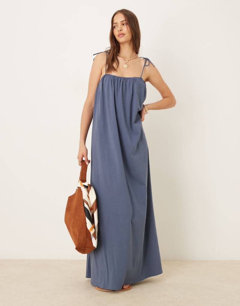 Mango - Locker geschnittenes Maxikleid in Jeansblau mit gebundenen Trägern von Mango