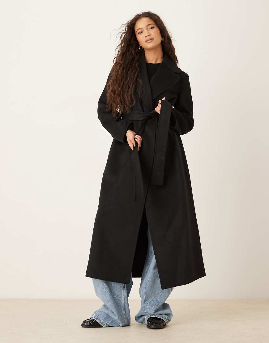 Mango - Longline-Mantel aus Wollmix in Schwarz mit Bindegürtel von Mango