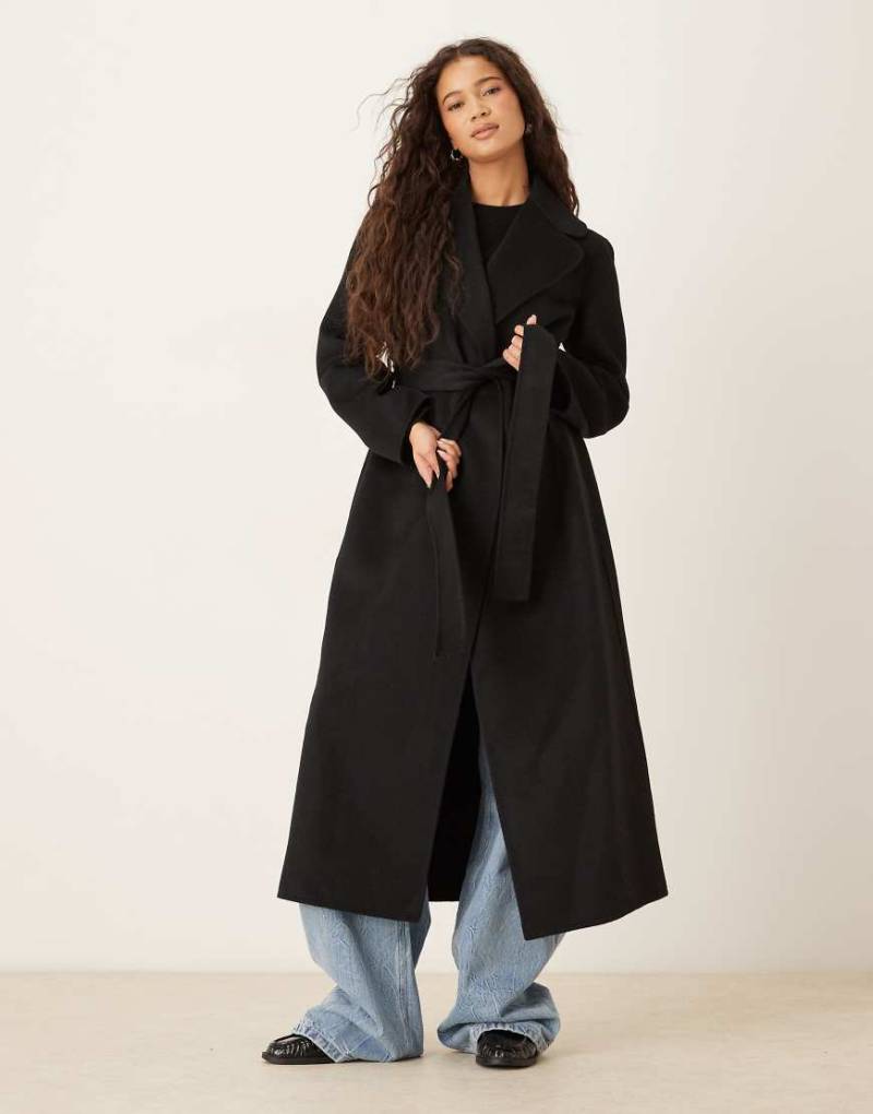 Mango - Longline-Mantel aus Wollmix in Schwarz mit Bindegürtel von Mango