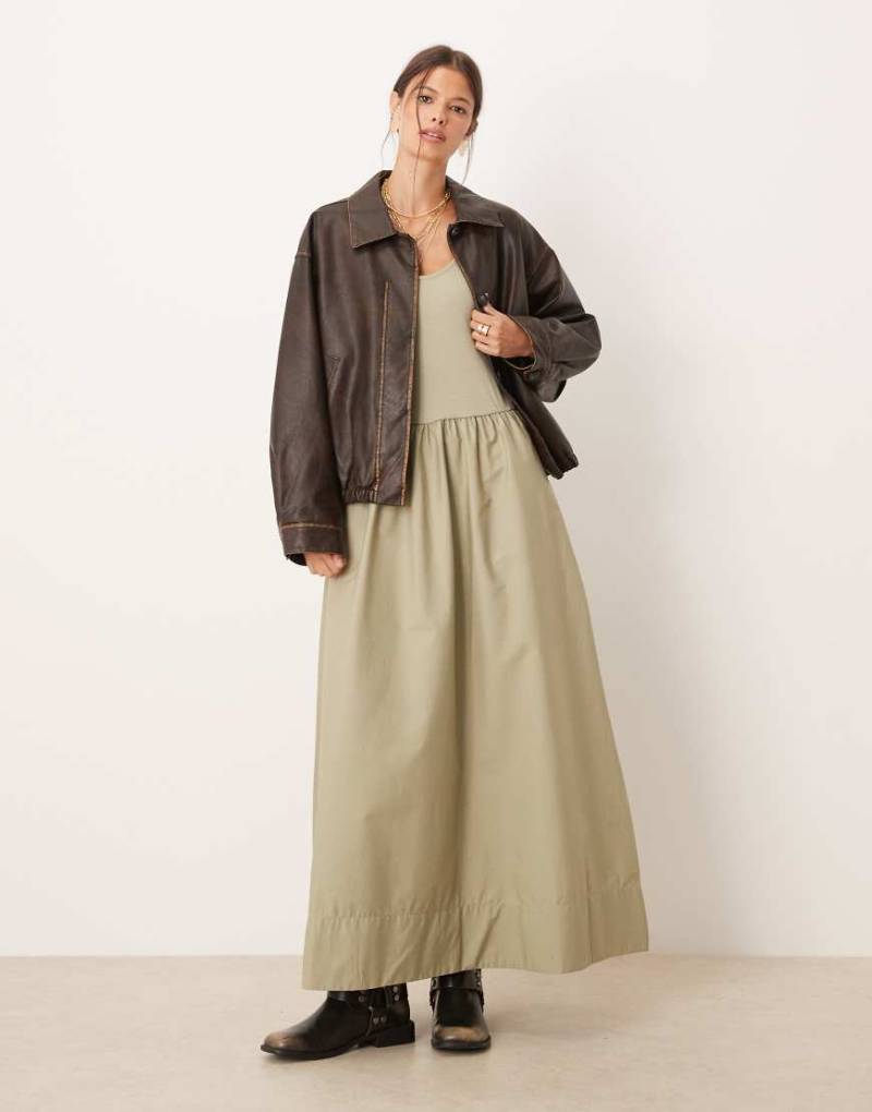 Mango - Maxikleid aus Baumwolle in Khaki mit tiefer Taille-Grün von Mango