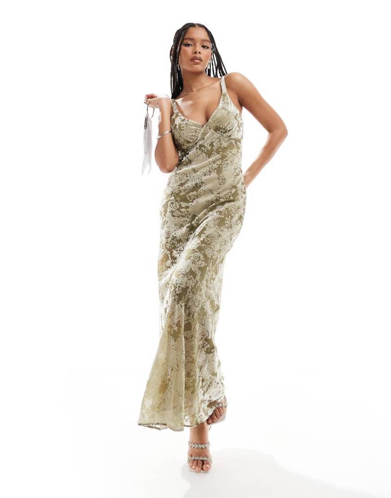 Mango - Maxikleid aus gemustertem Ausbrennersamt in Grün von Mango