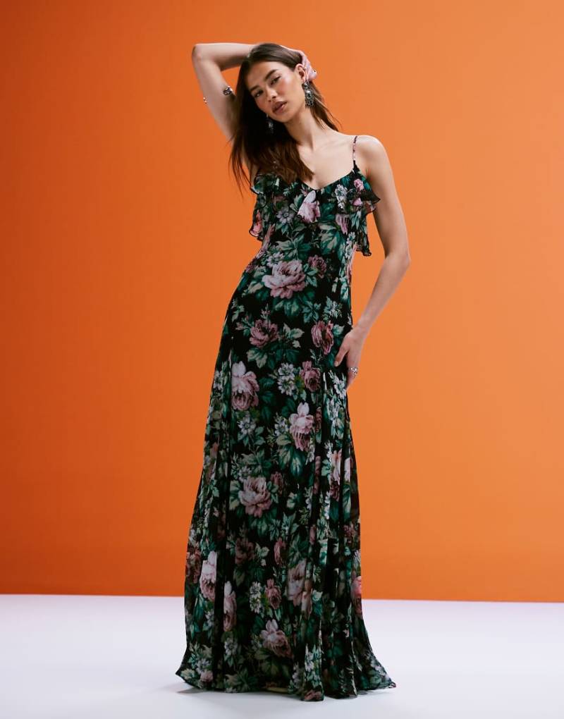 Mango - Chiffon-Maxikleid mit Rüschen und kräftigem Blumenmuster-Blau von Mango