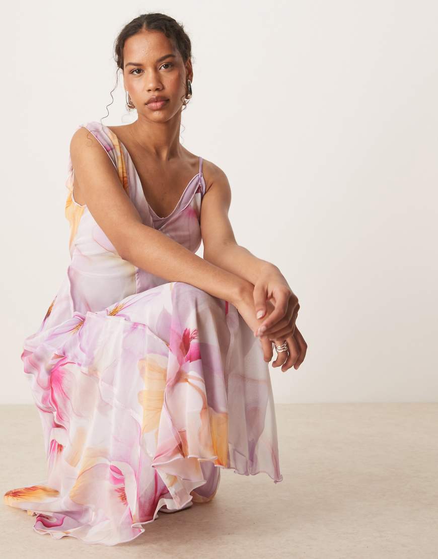 Mango - Maxi-Trägerkleid mit U-Ausschnitt und verschwommenen Blumenmuster-Rosa von Mango