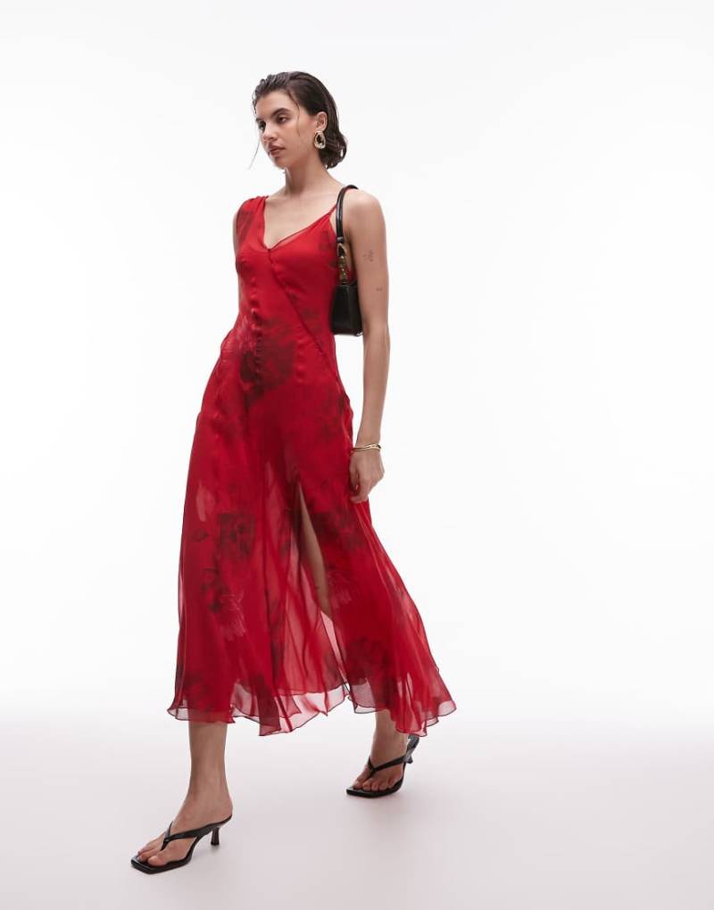 Mango - Midikleid in Rot mit Blumenmuster in verschwommener Optik und One-Shoulder-Träger von Mango