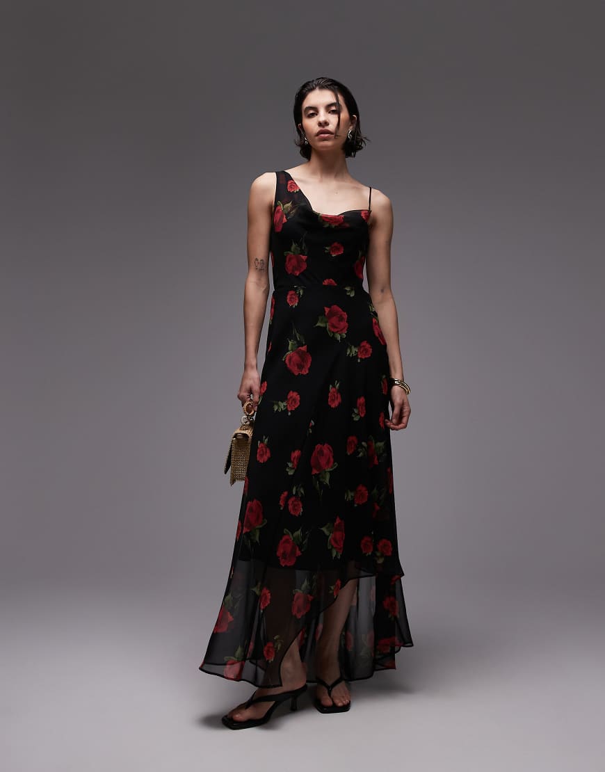 Mango - Maxikleid in Schwarz geblümt mit One-Shoulder-Träger von Mango