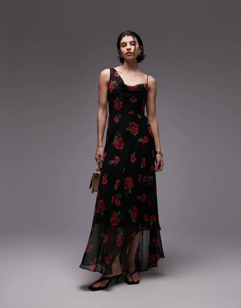 Mango - Maxikleid in Schwarz geblümt mit One-Shoulder-Träger von Mango
