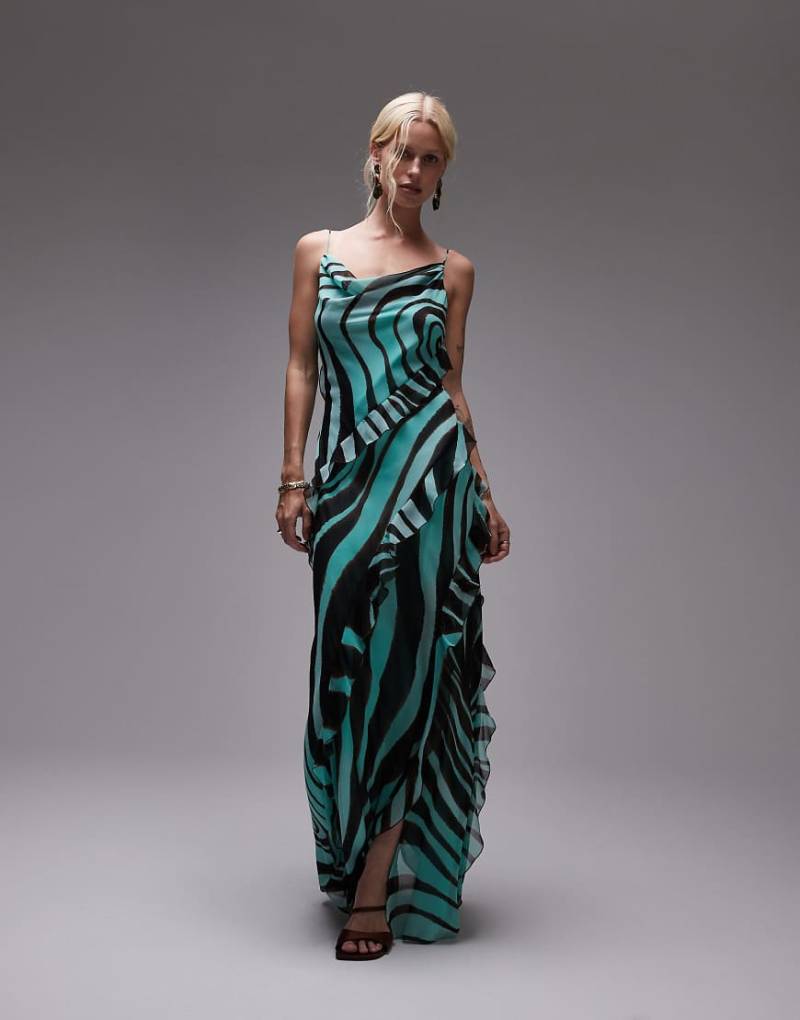 Mango - Schräg geschnittenes Maxi-Trägerkleid in Blau mit Zebramuster von Mango