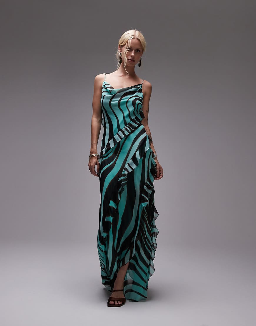 Mango - Maxikleid in Türkis mit Wasserfallausschnitt, Rüschenbesatz und Zebramuster-Blau Mango - Maxikleid in Türkis mit Wasserfallausschnitt, Rüschenbesatz und Zebramuster-Blau von Mango