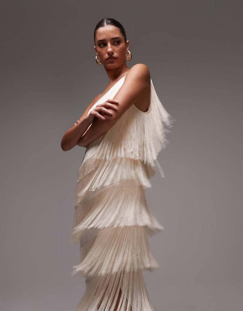 Mango - Maxikleid in Weiß mit One-Shoulder-Träger und Fransen von Mango