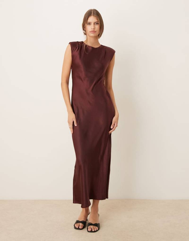 Mango - Midaxi-Kleid aus Satin in Braun mit Schulterpolstern-Brown von Mango