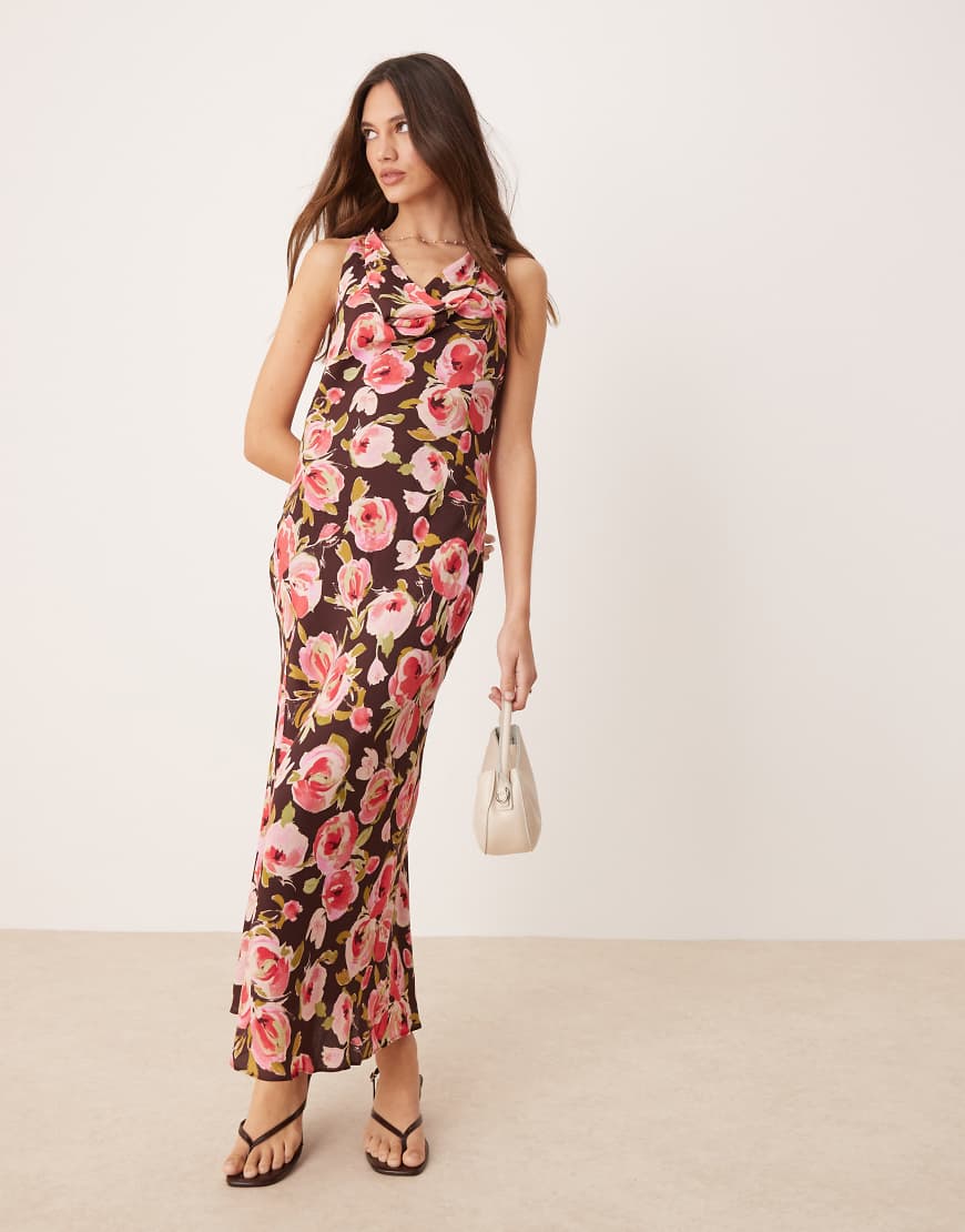 Mango - Midaxi-Kleid in Braun mit Blumenmuster und Wasserfallausschnitt Mango - Midaxi-Kleid in Braun mit Blumenmuster und Wasserfallausschnitt von Mango