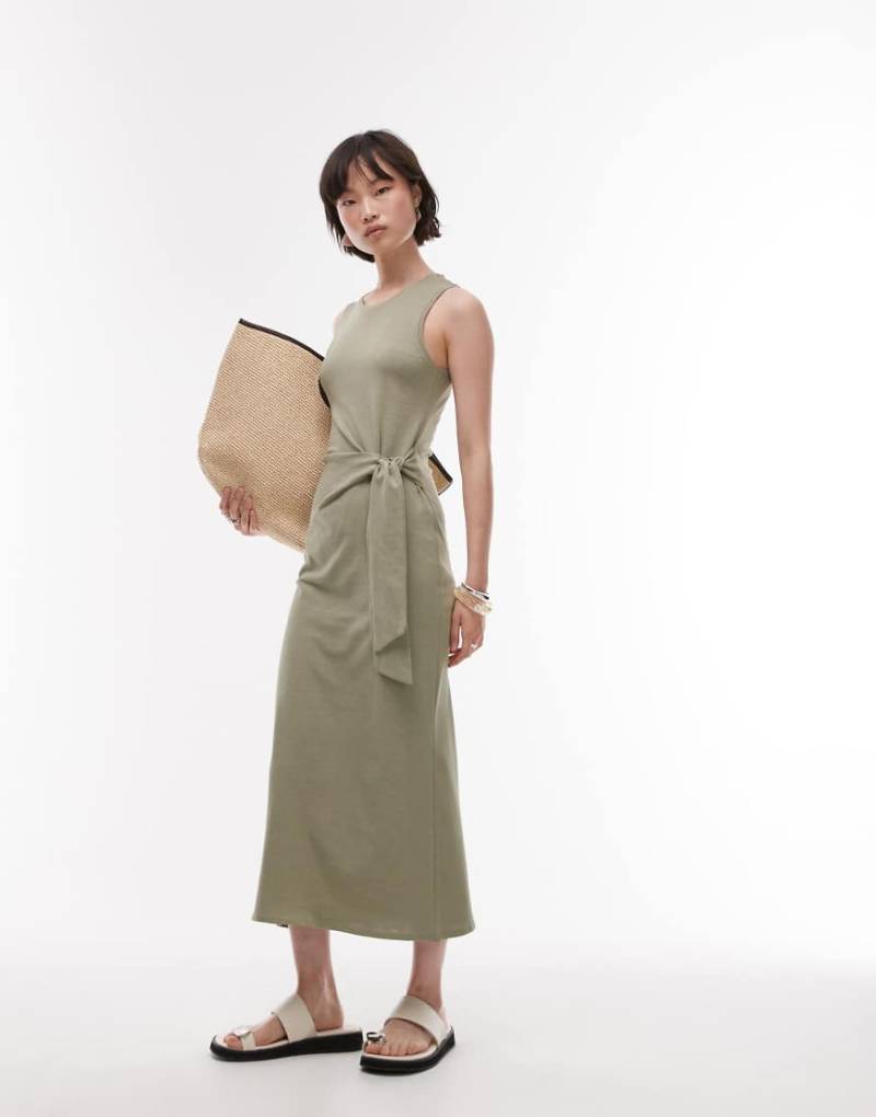 Mango - Midaxi-Kleid in Salbeigrün mit gebundener Taille von Mango