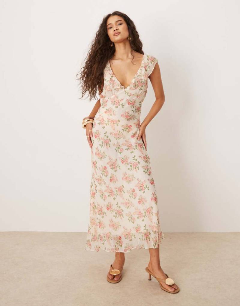 Mango - Midaxi-Kleid mit Blumenprint, V-Ausschnitt und Rüschen-Neutral von Mango