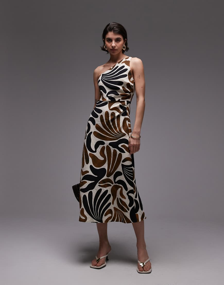 Mango - Midaxi-Kleid mit One-Shoulder-Träger und braunem abstraktem Blattmuster Mango - Midaxi-Kleid mit One-Shoulder-Träger und braunem abstraktem Blattmuster von Mango