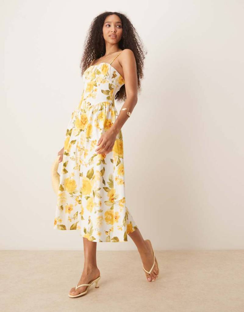 Mango - Midaxikleid mit detailliertem Blumendruck in Gelb und geraffter strukturierter Brustpartie von Mango