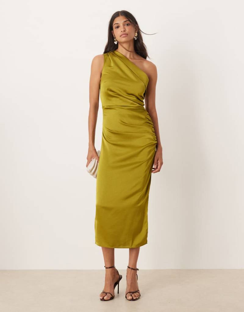 Mango - Midikleid in Grün mit One-Shoulder-Träger und seitlicher Raffung von Mango