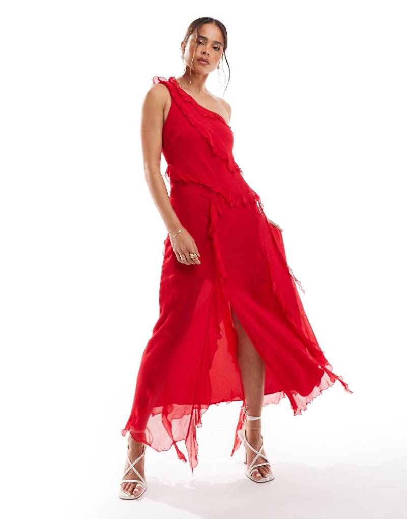 Mango - Midikleid in Rot mit Fransen und One-Shoulder-Träger von Mango