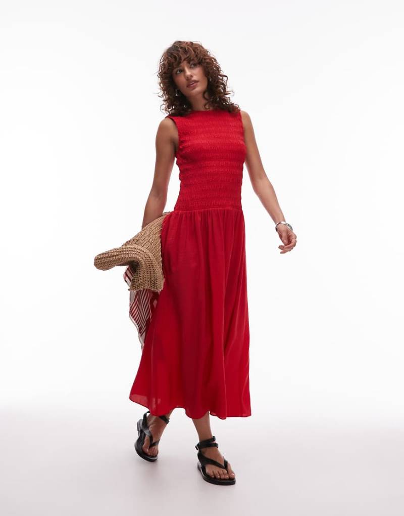 Mango - Midikleid in Rot mit tief sitzender Taille und gesmoktem Oberteil von Mango