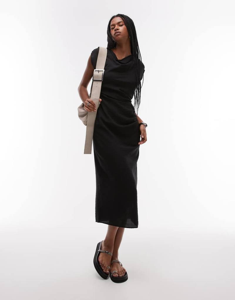 Mango - Midikleid in Schwarz mit Kappärmeln und geraffter Seite von Mango