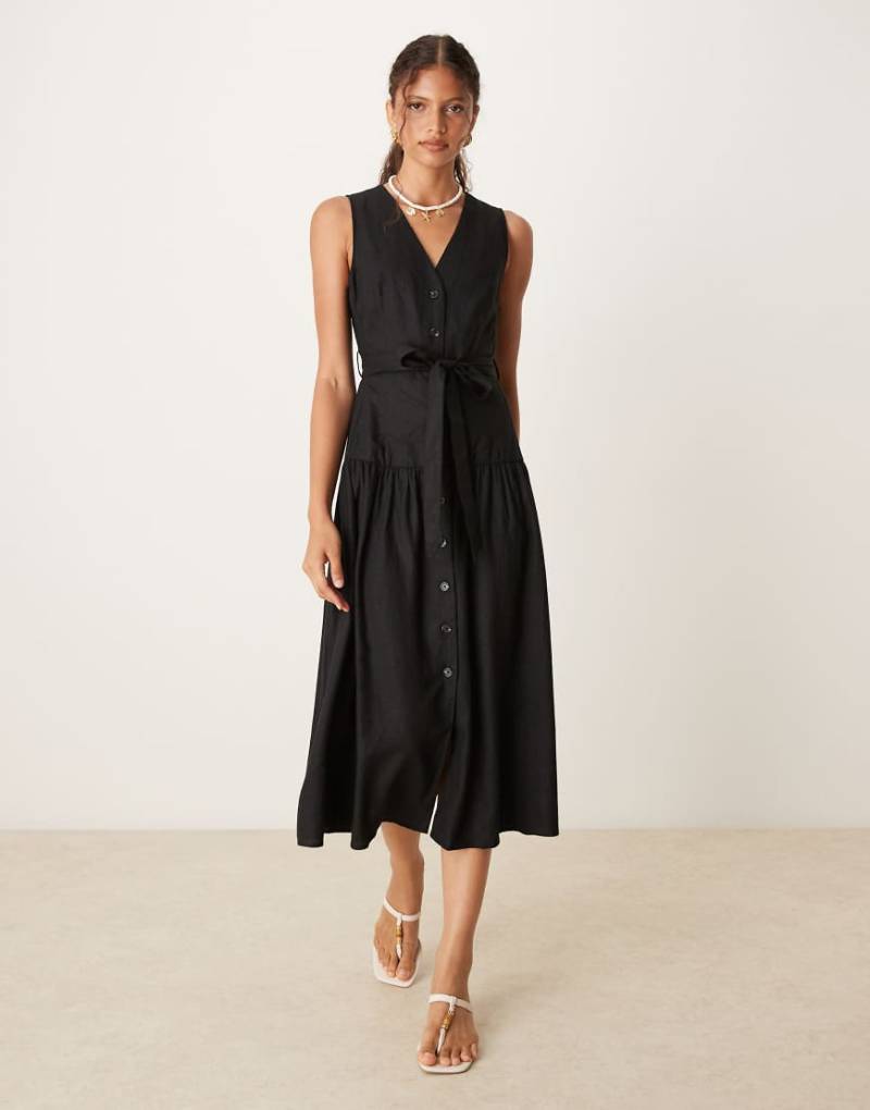 Mango - Midikleid in schwarzer Leinenoptik mit Bindeband in der Taille und Knopfleiste von Mango