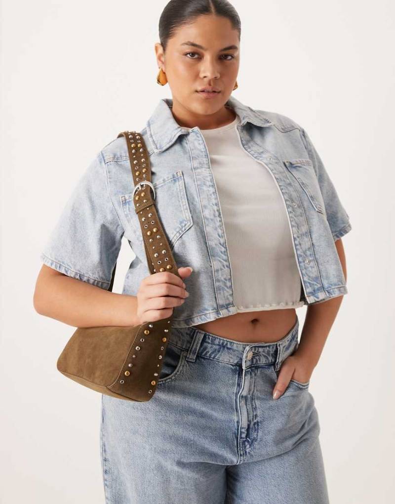 Mango - Mit Nieten besetzte Tasche aus Wildleder in Khaki-Grün von Mango