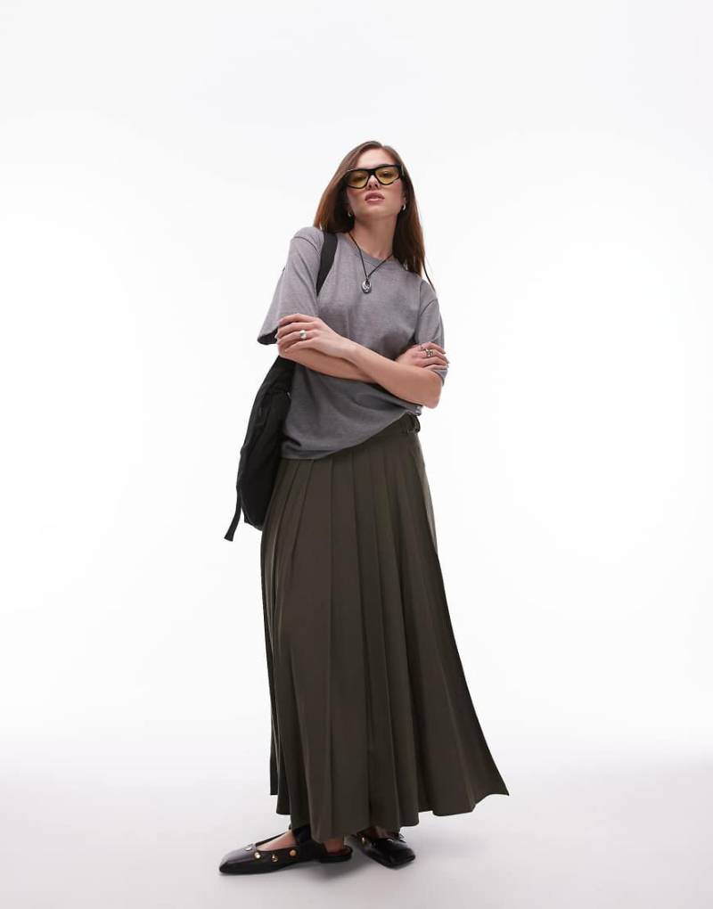 Mango - Mittellanger Faltenrock in Khaki mit Seitenschlitz-Grau von Mango