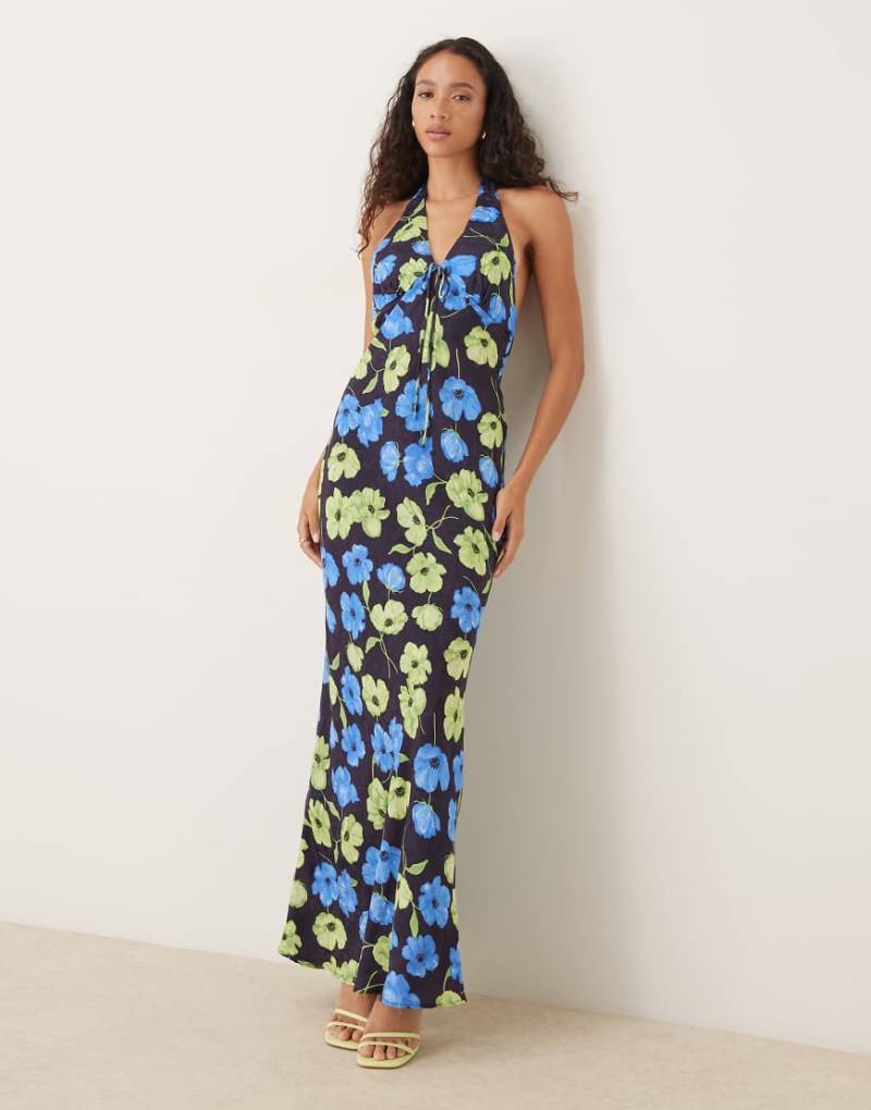 Mango - Neckholder-Maxikleid mit Blumenmuster und Bindedetail vorn-Schwarz von Mango