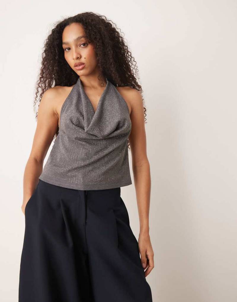 Mango - Neckholder-Oberteil in Grau mit Hotfix-Verzierung und Drapierung von Mango