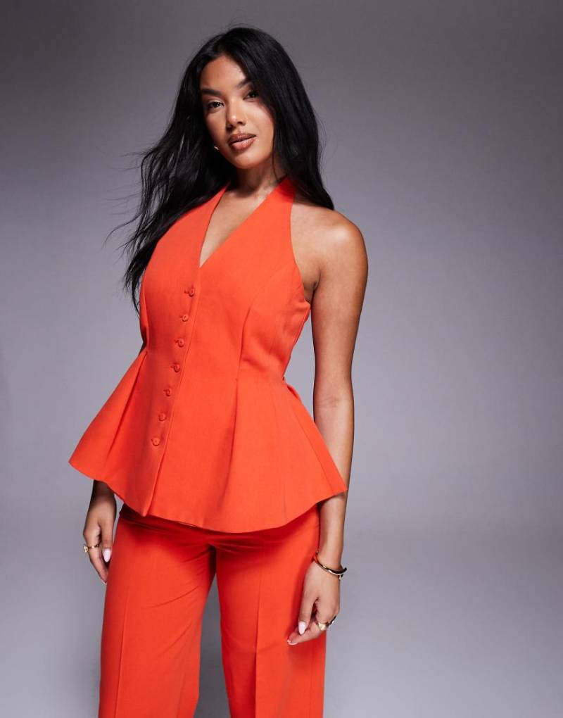 Mango - Neckholder-Oberteil in Rot mit Schößchensaum und Knopfleiste, Kombiteil von Mango