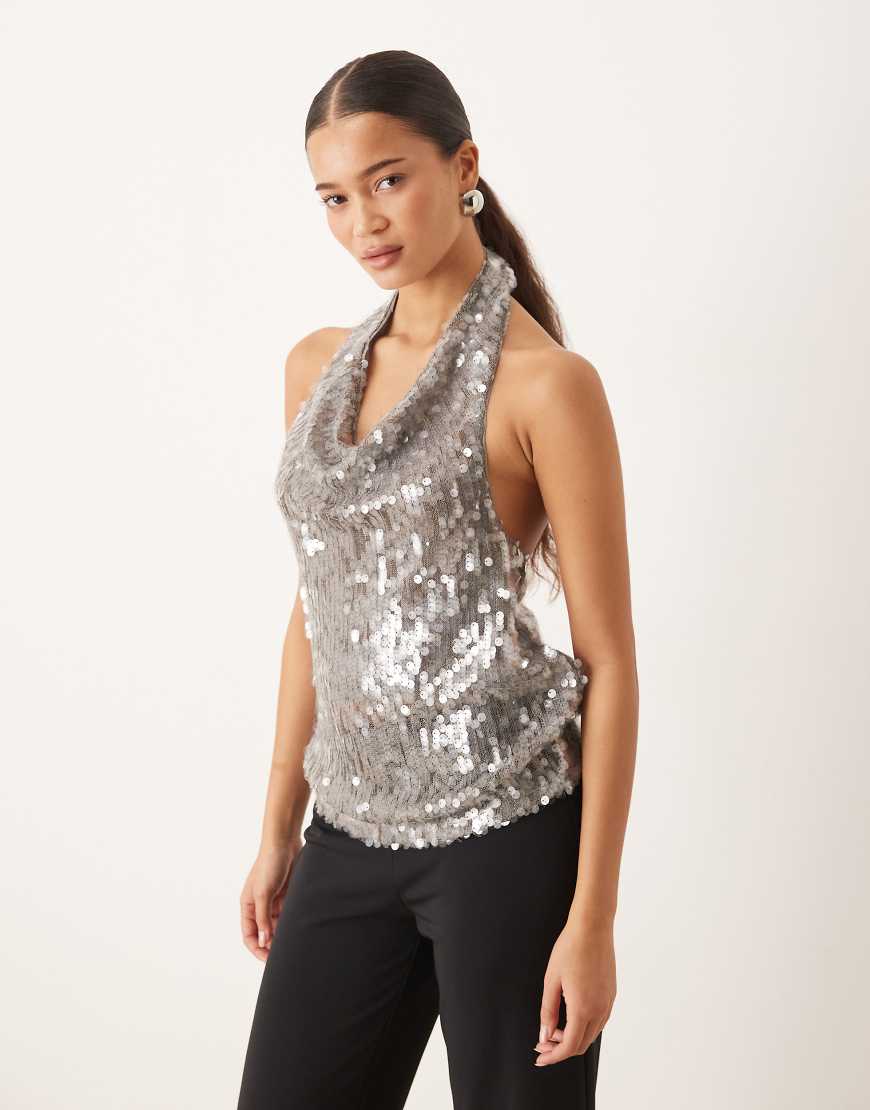 Mango - Neckholder-Tanktop in Silber mit Pailletten von Mango