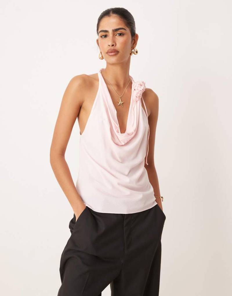 Mango - Neckholder-Top in zartem Rosa mit drapierter 3D-Applikation von Mango