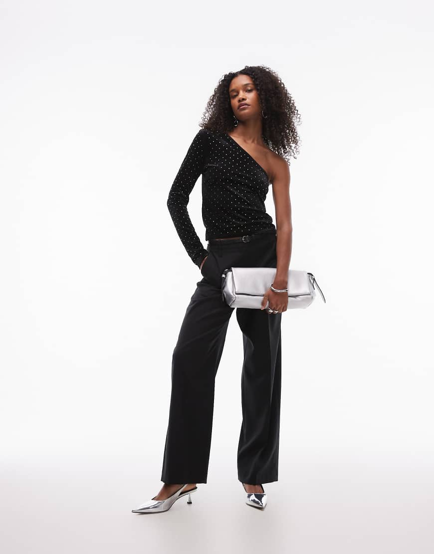 Mango - Oberteil aus Samt in Schwarz mit Nietenbesatz und One-Shoulder-Träger von Mango