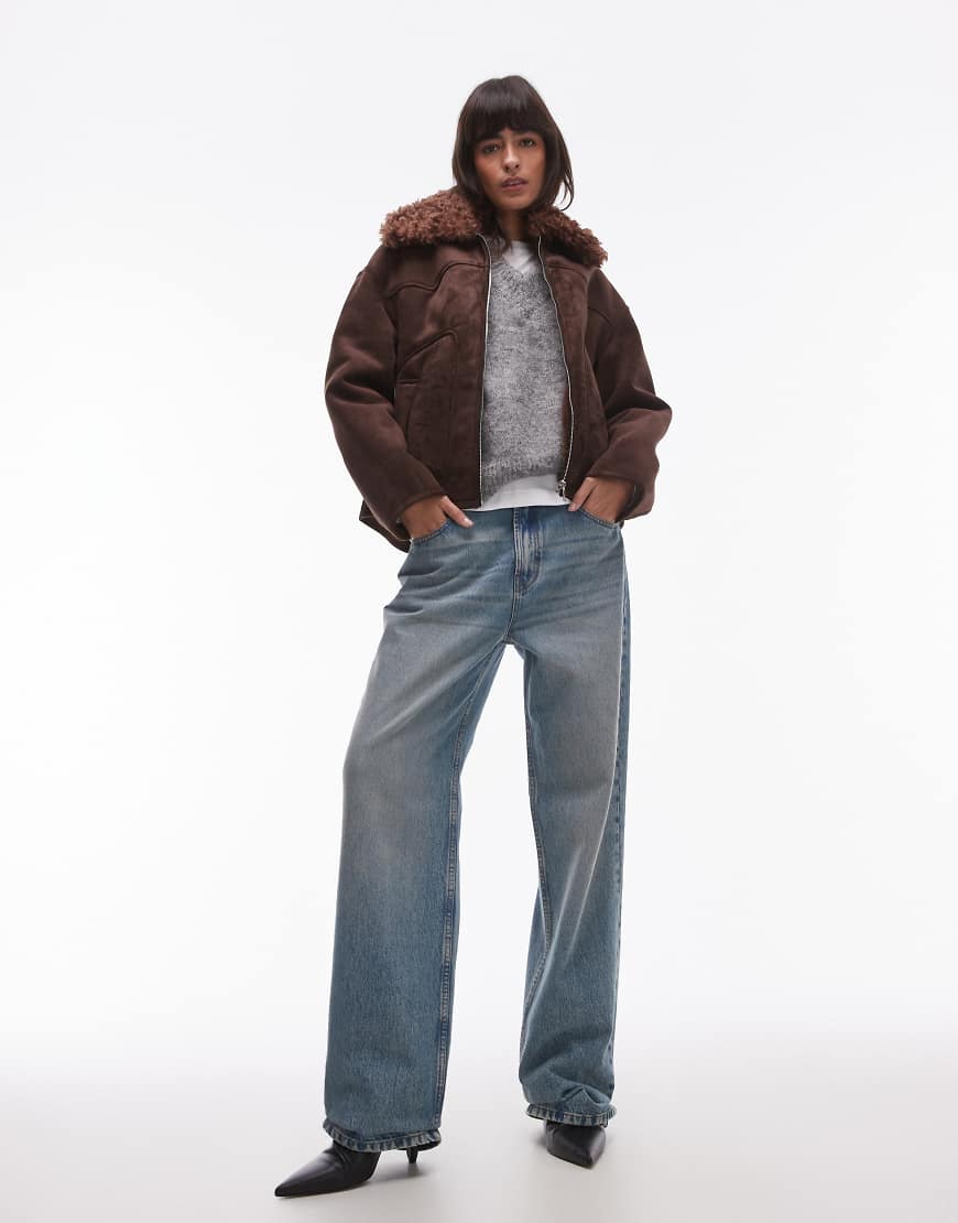 Mango - Pilotenjacke in Wildlederoptik in Dunkelbraun mit Fellkragen von Mango