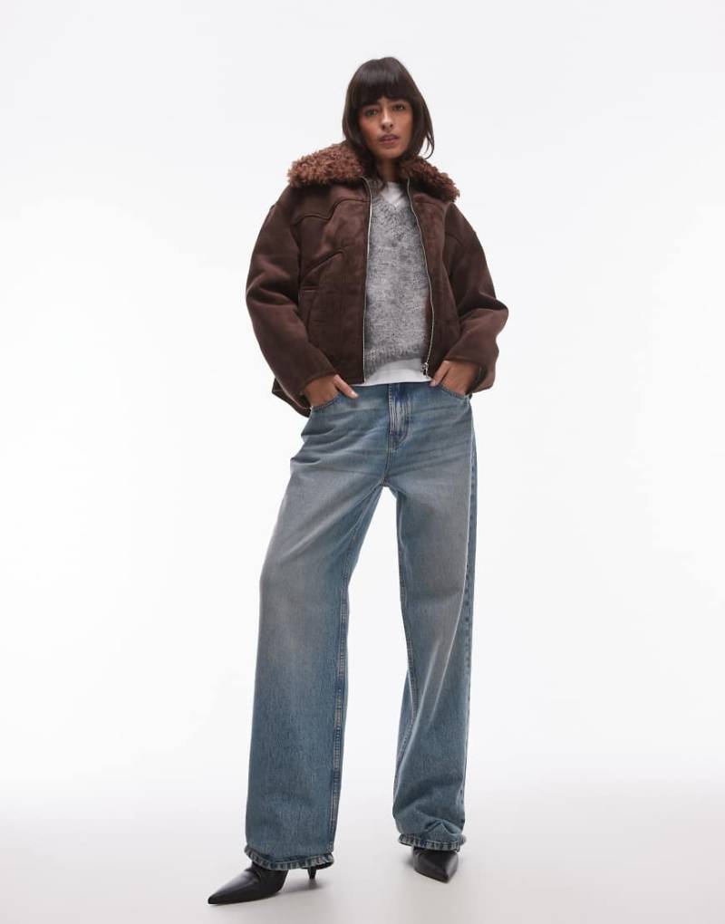 Mango - Pilotenjacke in Wildlederoptik in Dunkelbraun mit Fellkragen von Mango