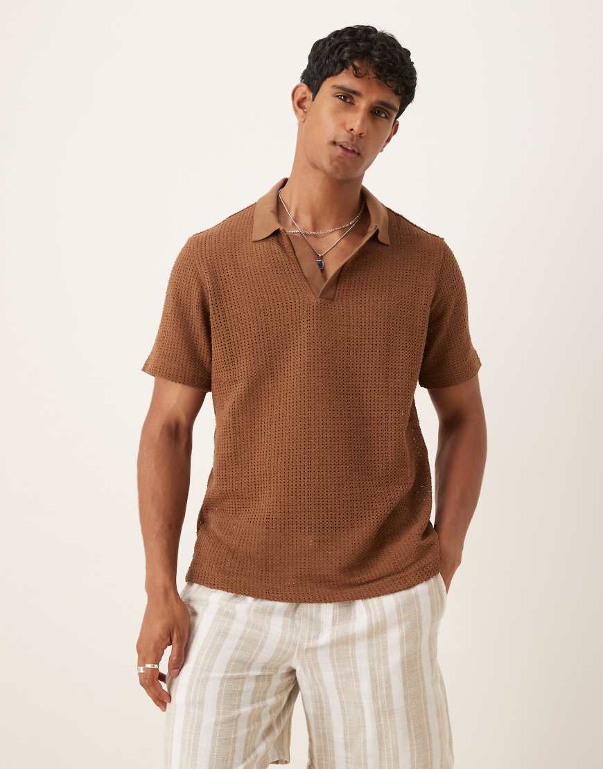 Mango - Polohemd in Braun gestreift mit Häkeldesign Mango - Polohemd in Braun gestreift mit Häkeldesign von Mango