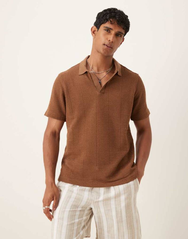 Mango - Polohemd in Braun gestreift mit Häkeldesign von Mango