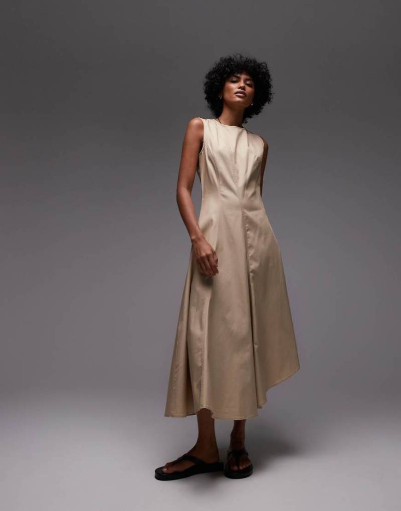 Mango - Premium - Baumwoll-Midikleid in Hellbeige mit plissiertem Detail-Neutral von Mango