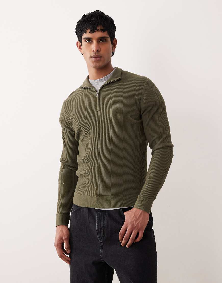 Mango - Pullover aus Baumwollmix in hellem Khaki mit kurzem Reißverschluss-Grün von Mango