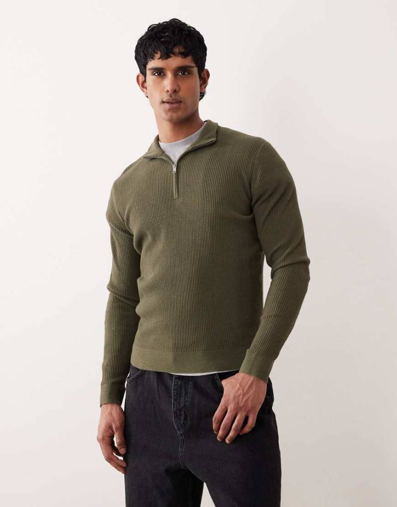 Mango - Pullover aus Baumwollmix in hellem Khaki mit kurzem Reißverschluss-Grün von Mango