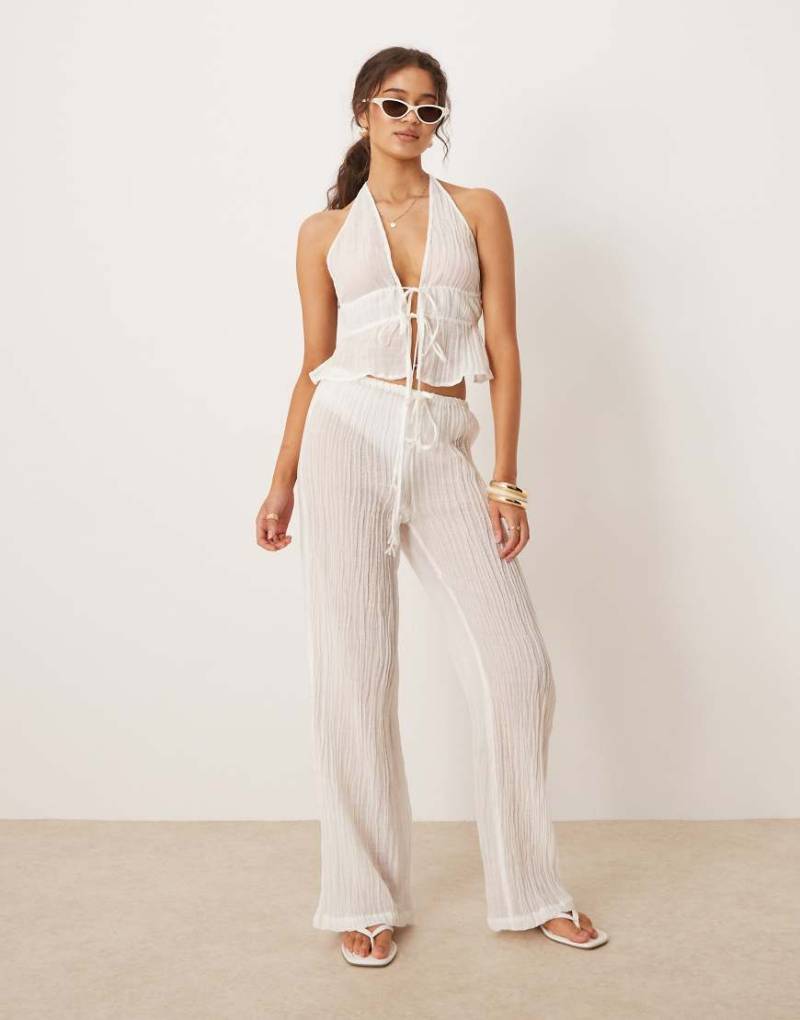 Mango - Ramie - Hose in Weiß mit Knitterstruktur und Taillenbindung, Kombiteil von Mango