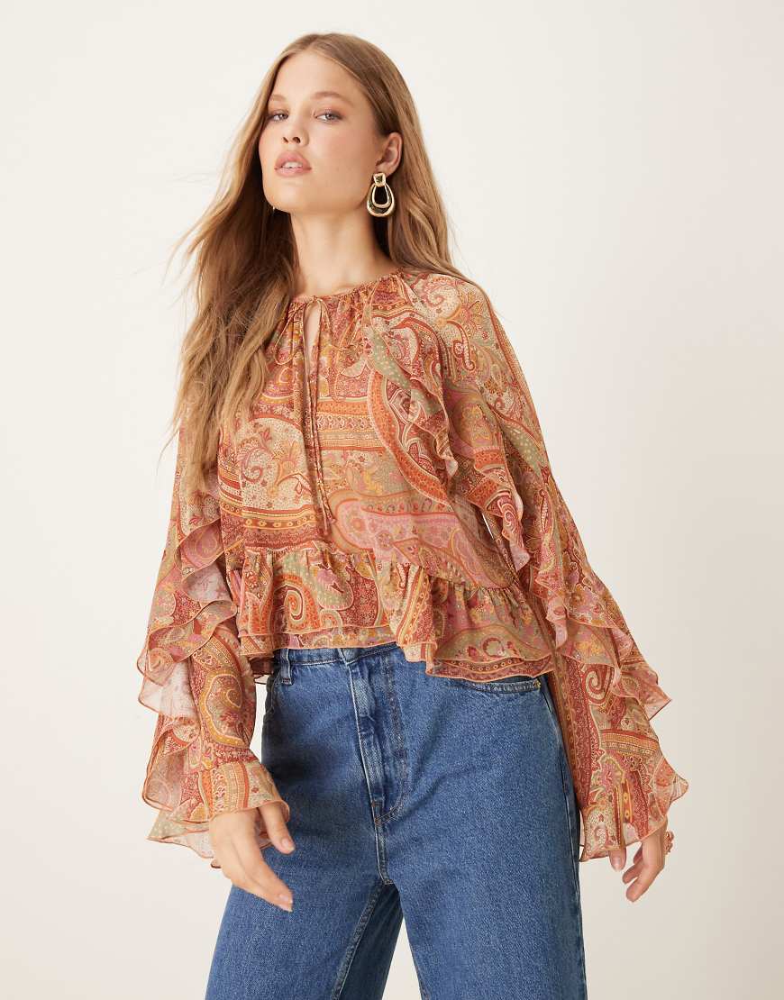 Mango - Rosa Bluse mit Paisleymuster und Trompetenärmeln von Mango