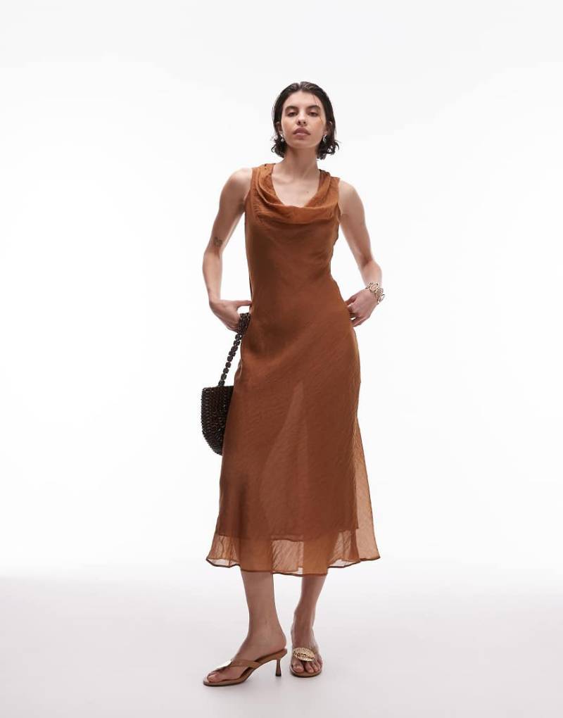 Mango - Satin-Midikleid in Braun mit Wasserfallausschnitt von Mango