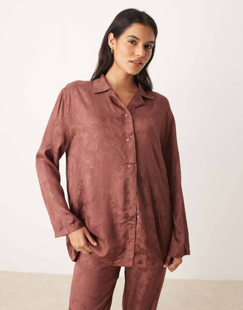 Mango - Satin-Pyjamahemd in Braun mit Jacquard-Muster, Kombiteil-Brown von Mango