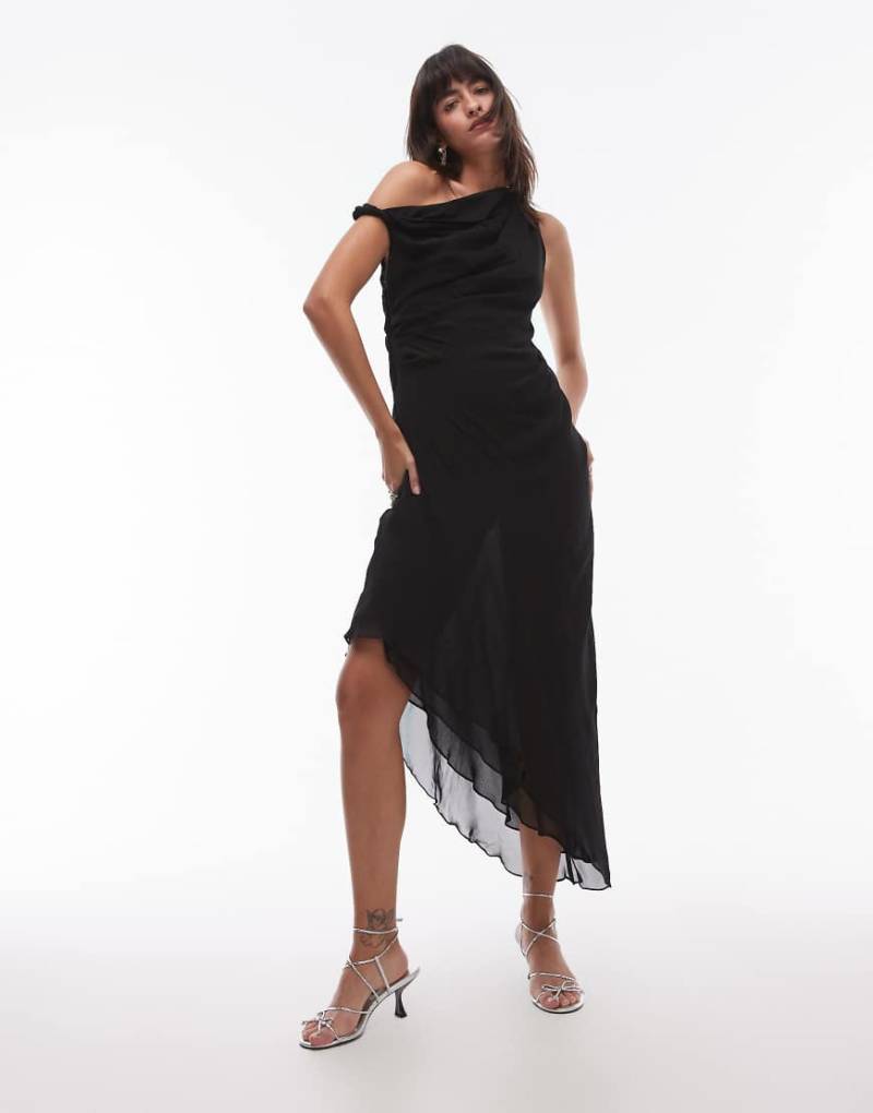 Mango - Schulterfreies asymmetrisches Maxikleid in Schwarz mit transparenter Überlage von Mango