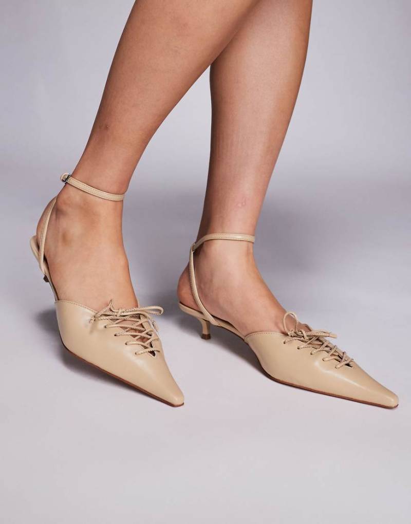 Mango - Spitze Kitten-Heels in Beige mit Riemchen-Design und Schnürung vorn-Neutral von Mango